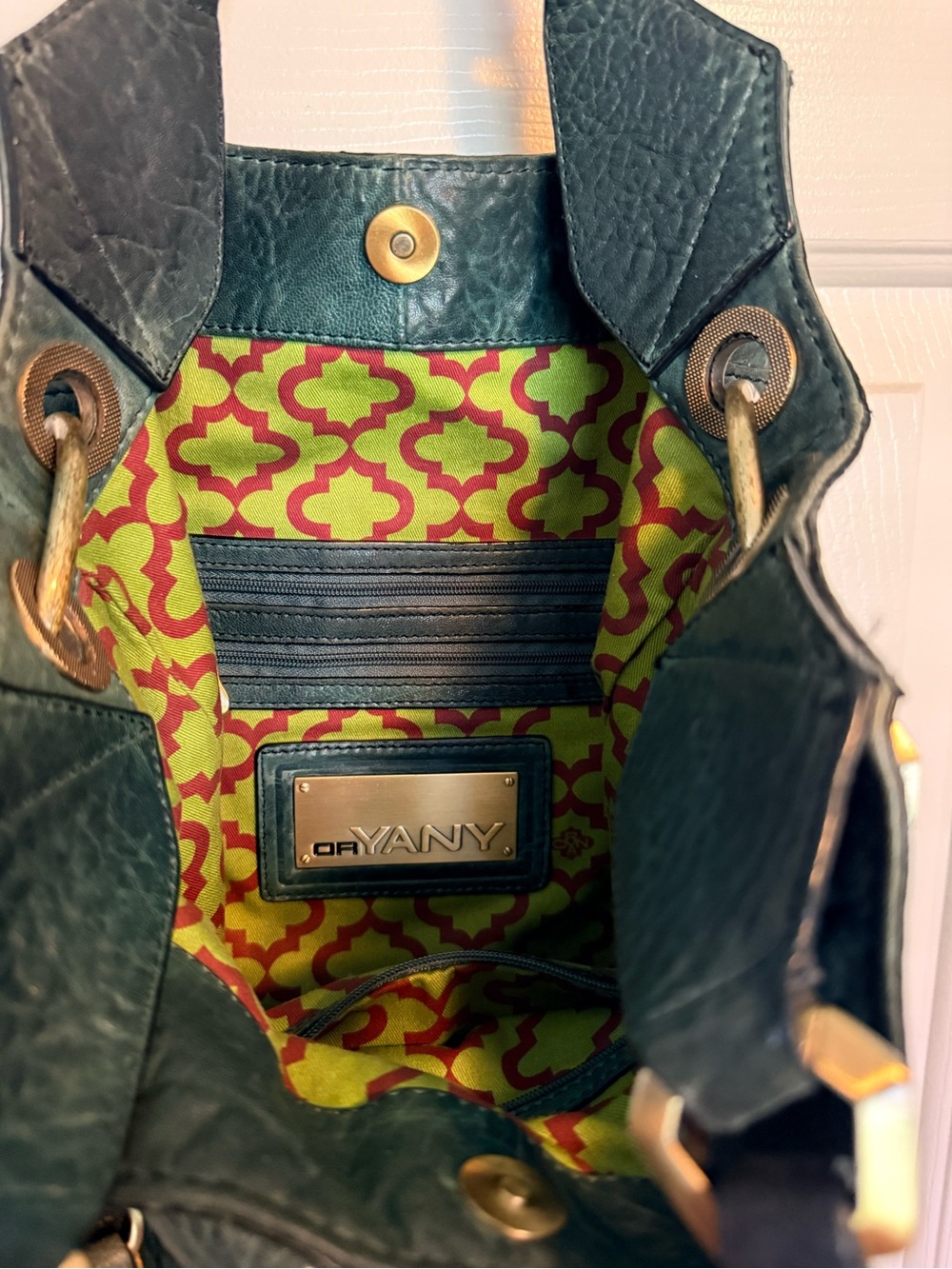 orYANY Dark Green Leather Shoulder Bag with Woven Top Handles - Picture 3 of 3